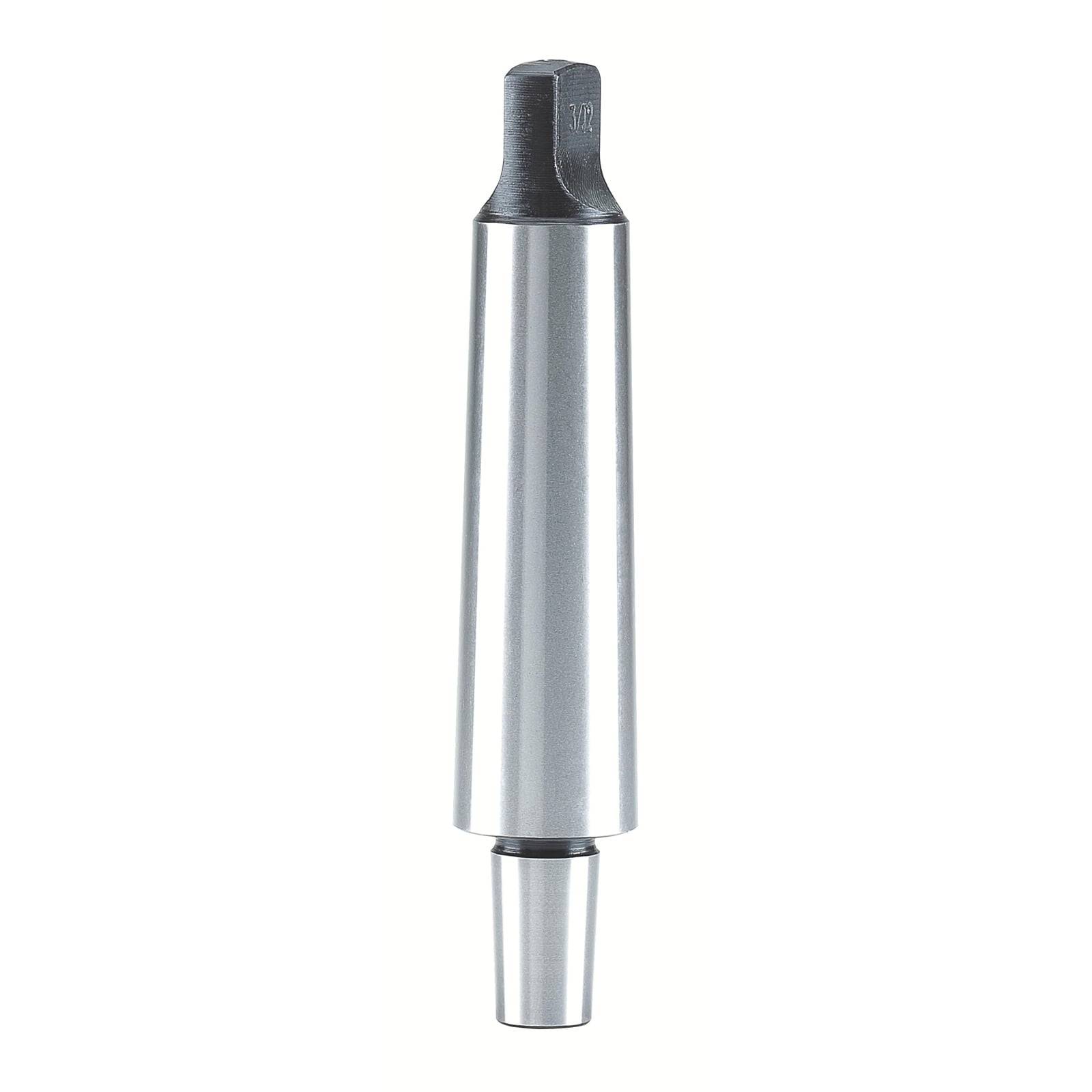 Ein silbernes und schwarzes konisches Metalwerkzeug, wahrscheinlich ein Bohrfutteradapter, der zum Verbinden verschiedener Werkzeuggröße entwickelt wurde.