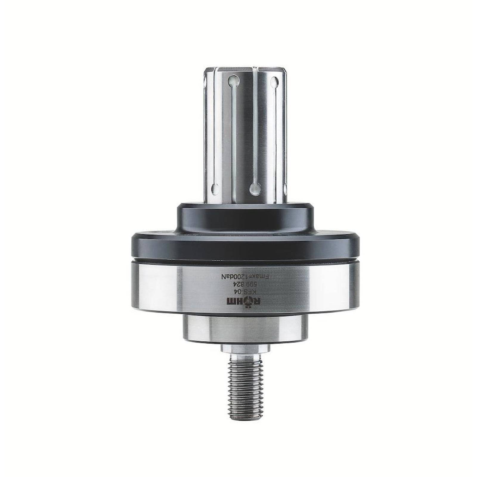 Ein hydraulischer Zylinder-Kolben mit metallischer Oberfläche, mit einer nach unten verlängerten Stange und einem gezahnten Kopf oben.
