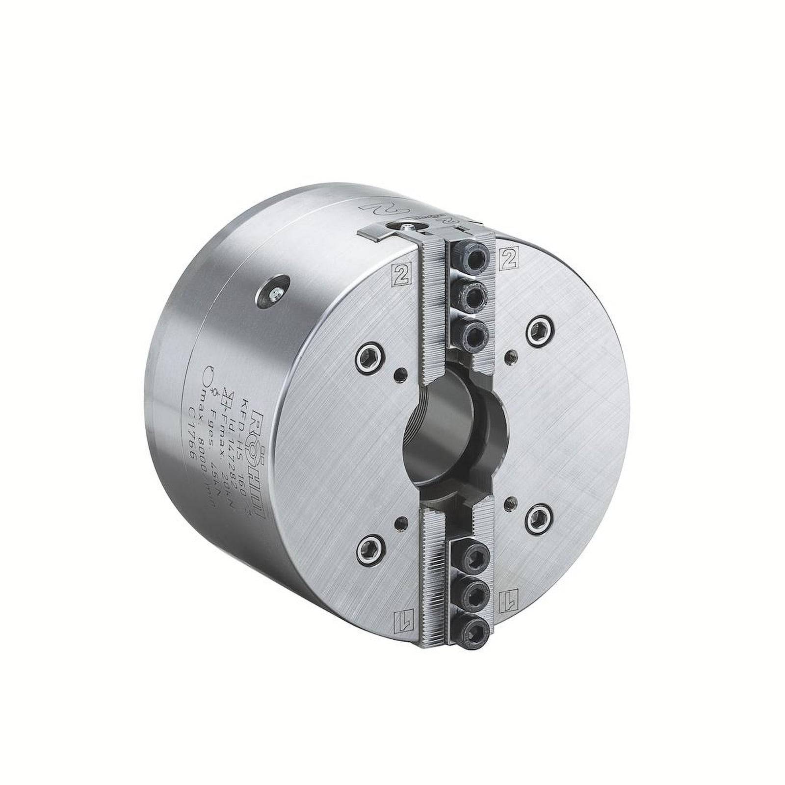 Ein Metallspannfutter mit verstellbaren Backen zum Halten von Werkstücken in Maschinen, mit einem kreisförmigen Design und mehreren Schrauben für einen sicheren Halt.