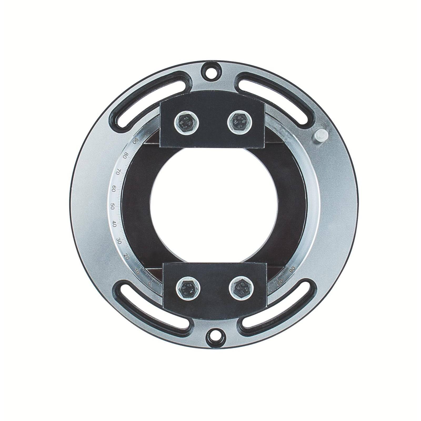Eine kreisförmige Metallkomponente mit einer inneren drehbaren Scheibe, die Markierungen und Schlitze zur Befestigung aufweist und typischerweise in mechanischen Anwendungen verwendet wird.