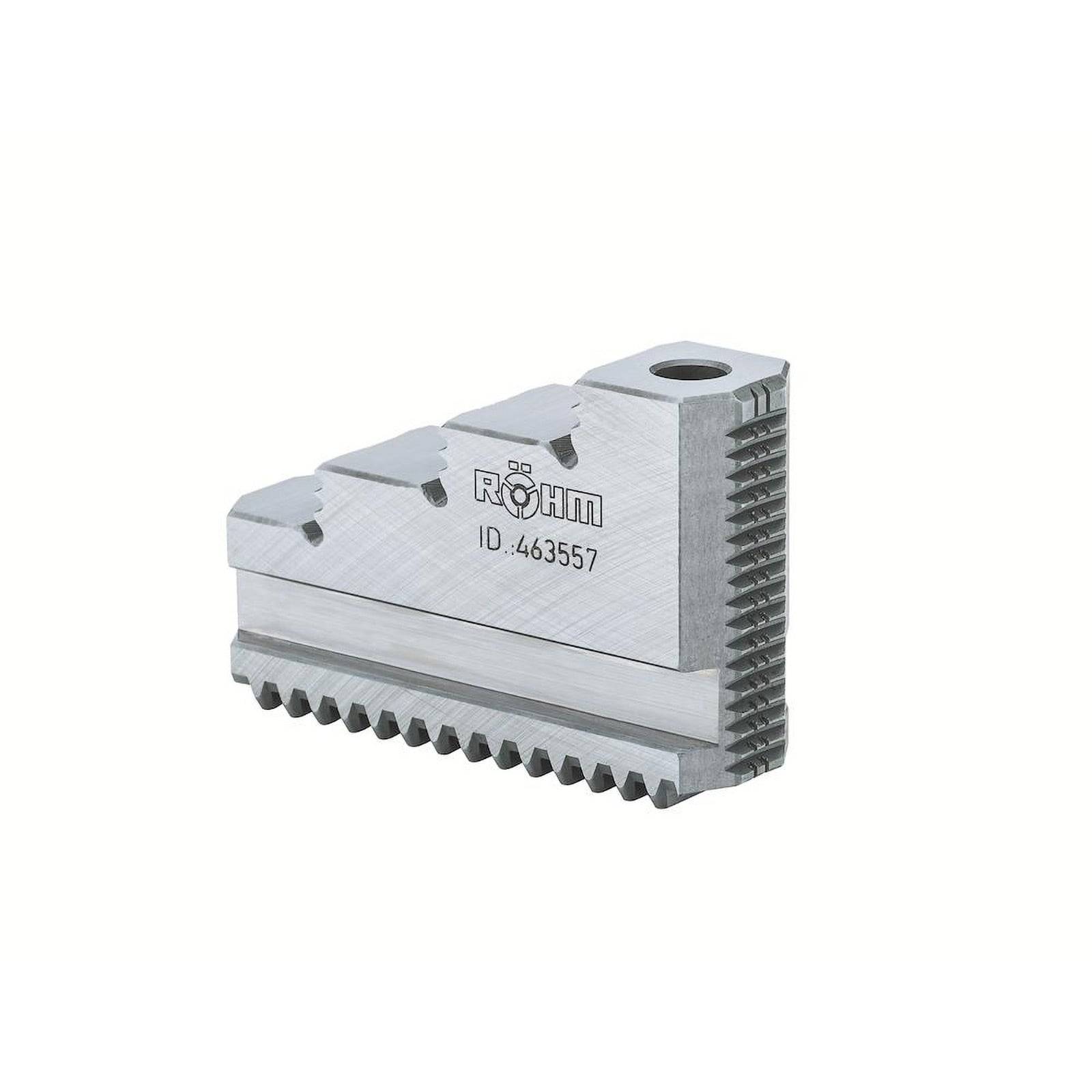 Ein mechanisches Metallbauteil mit gezahntem Rand und sechseckigem Loch, gekennzeichnet mit der Marke Röhm und der ID 463557, dargestellt auf weißem Hintergrund.