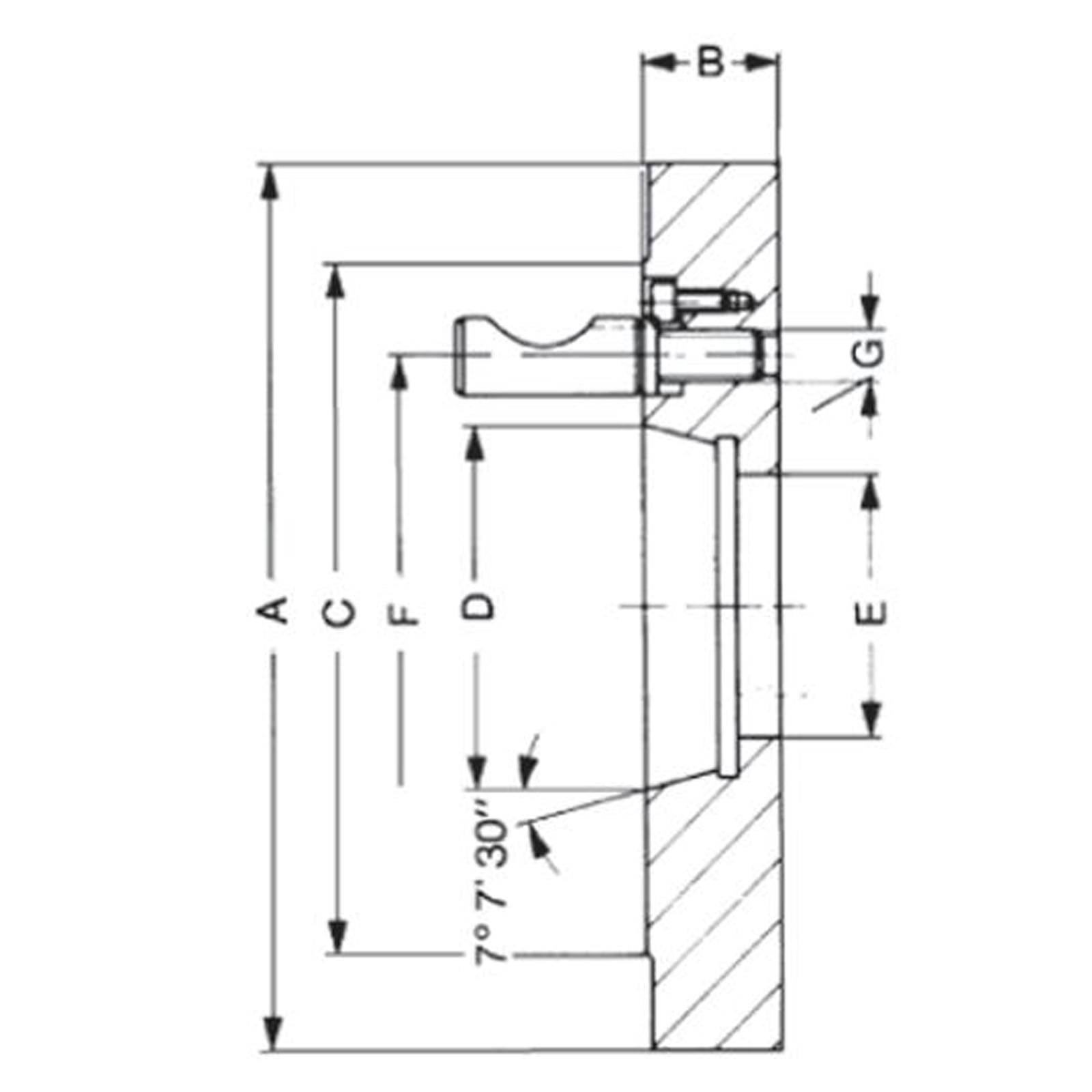 Technische Zeichnung eines Maschinenteils mit mehreren beschrifteten Abmessungen: A, B, C, D, E, F, G, einschließlich eines Winkels von 7° 30'.