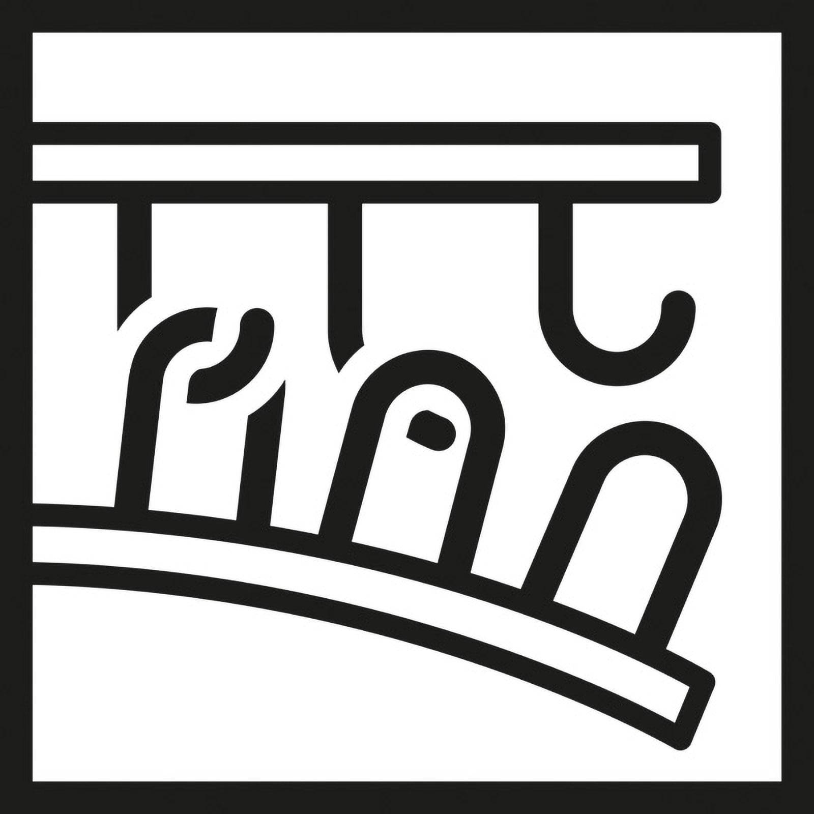 Ein abstraktes Schwarz-Weiß-Design mit verschiedenen gekrümmten und linearen Formen, die Haken und Bögen ähneln, innerhalb eines quadratischen Rahmens.