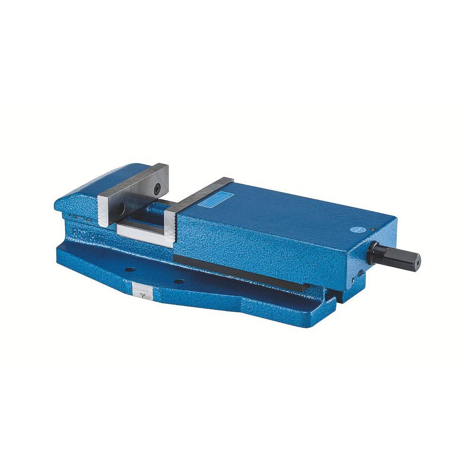 Ein blauer Metallschraubstock mit rechteckiger Grundfläche und verstellbarem Backen, zum Festhalten von Materialien während des Bearbeitens oder der Montage.