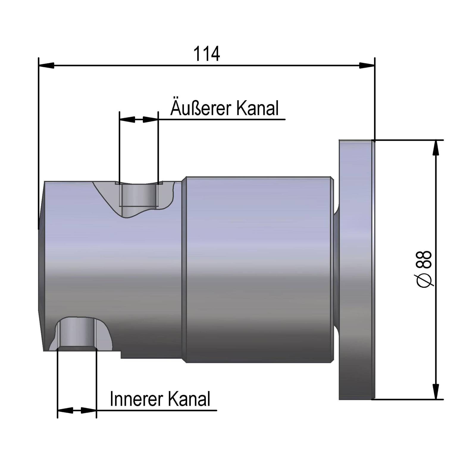 Seitenansicht technische Zeichnung einer zylindrischen Komponente mit Abmessungen: Länge 114 mm, Durchmesser 88 mm. Die Beschriftungen 