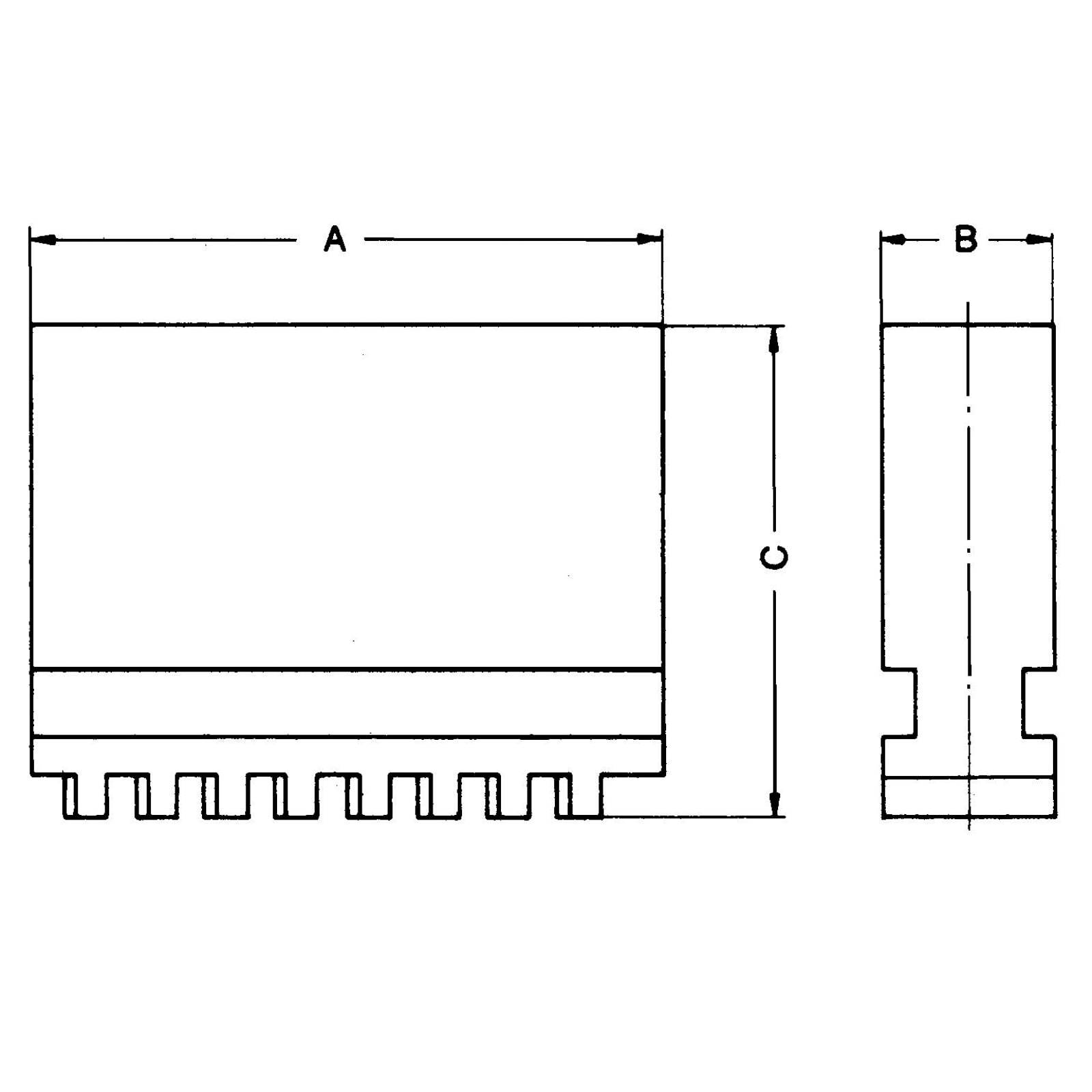 Diagramm einer rechteckigen elektronischen Komponente; Abmessungen beschriftet: Länge A, Breite B und Höhe C. Die Unterseite hat gleichmäßig verteilte Kerben.