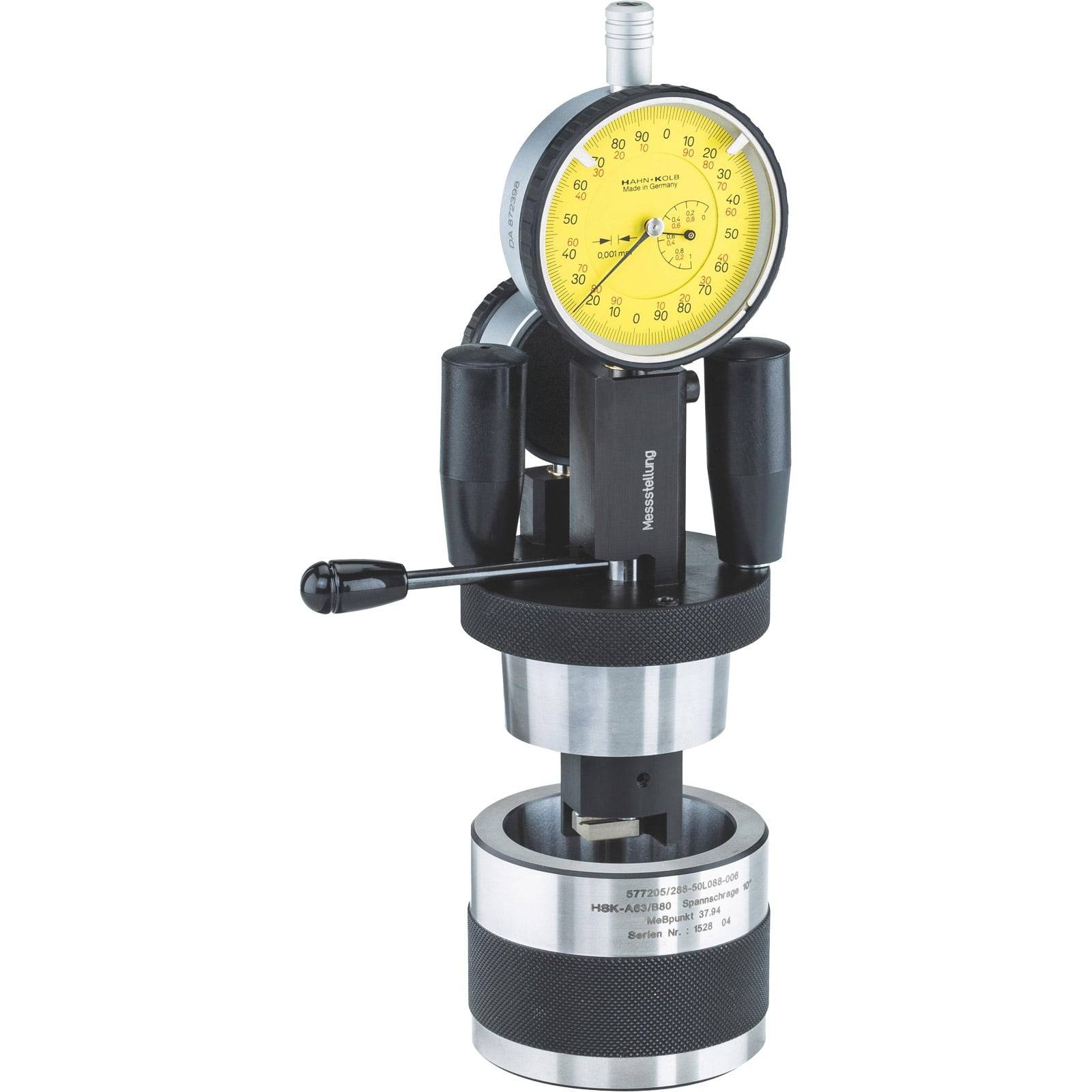 Ein Härteprüfer mit einem gelben Zeigerinstrument, schwarzen Griffen und einer zylindrischen Basis zum Messen der Materialrauheit.