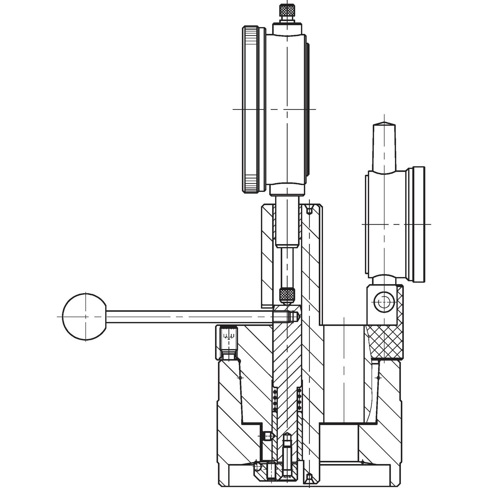 Technische Zeichnung eines mechanischen Geräts mit Griff, rundem Messgerät und internen Komponenten, die verschiedene Querschnittsansichten zeigt.