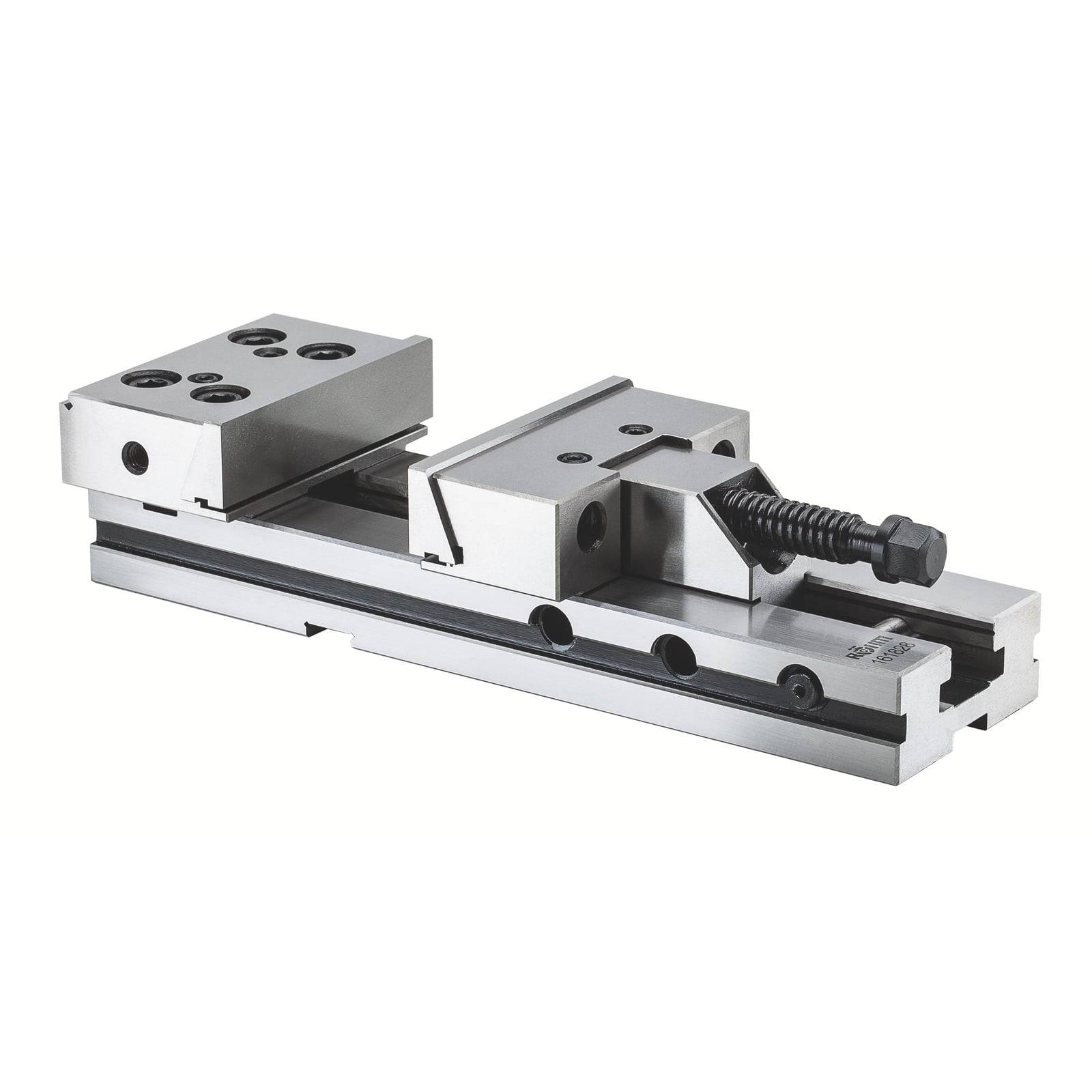 Eine Schraubstock aus Silbermetall mit verstellbaren Backen und einem Schraubmechanismus, der zum sicheren Festhalten von Objekten während der Arbeit oder bei Bearbeitungsvorgängen verwendet wird.