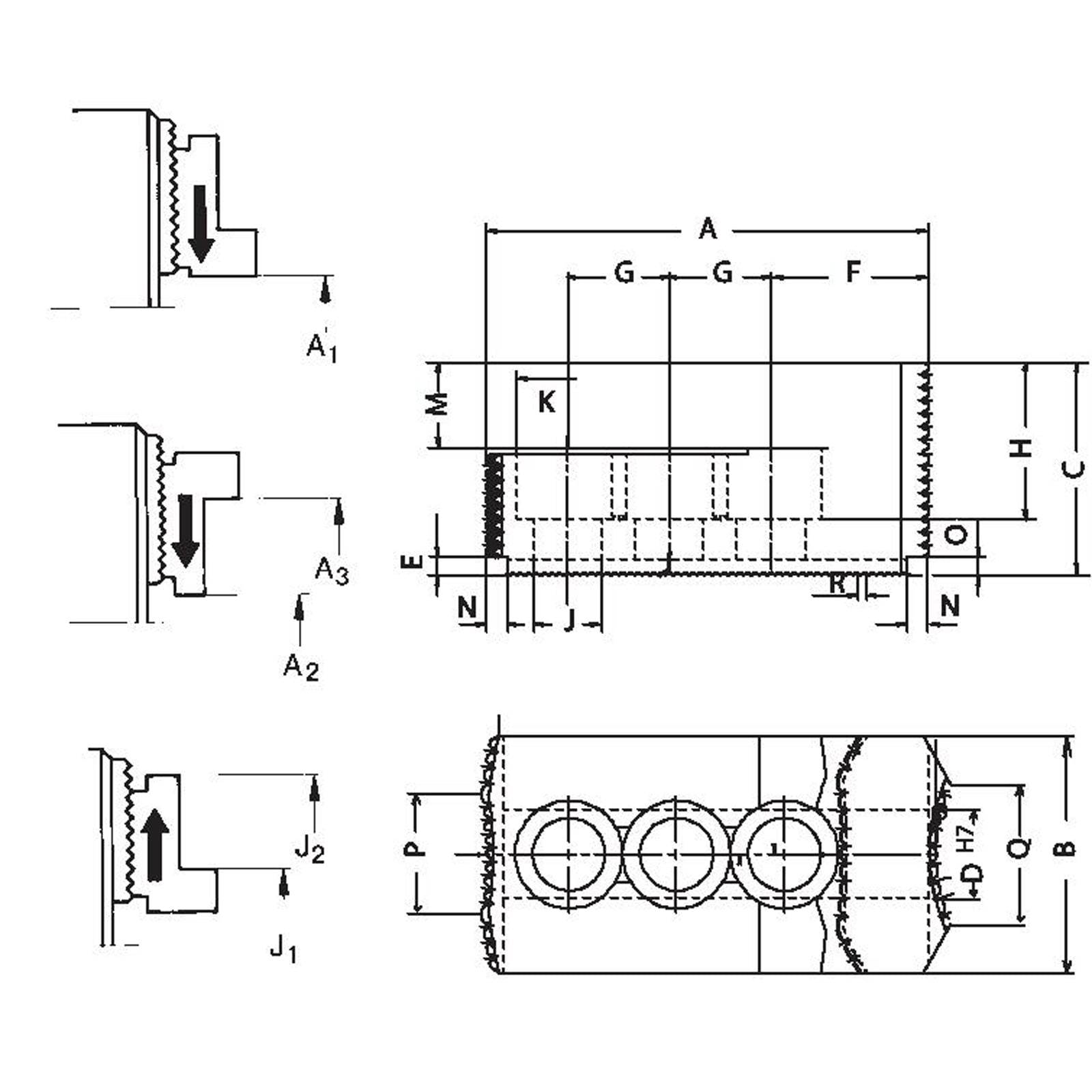Technische Zeichnung eines mechanischen Bauteils mit detaillierten Abmessungen, gekennzeichnet mit A, F, G, H, J, M, N, O, zeigt mehrere Ansichten und Querschnitte.