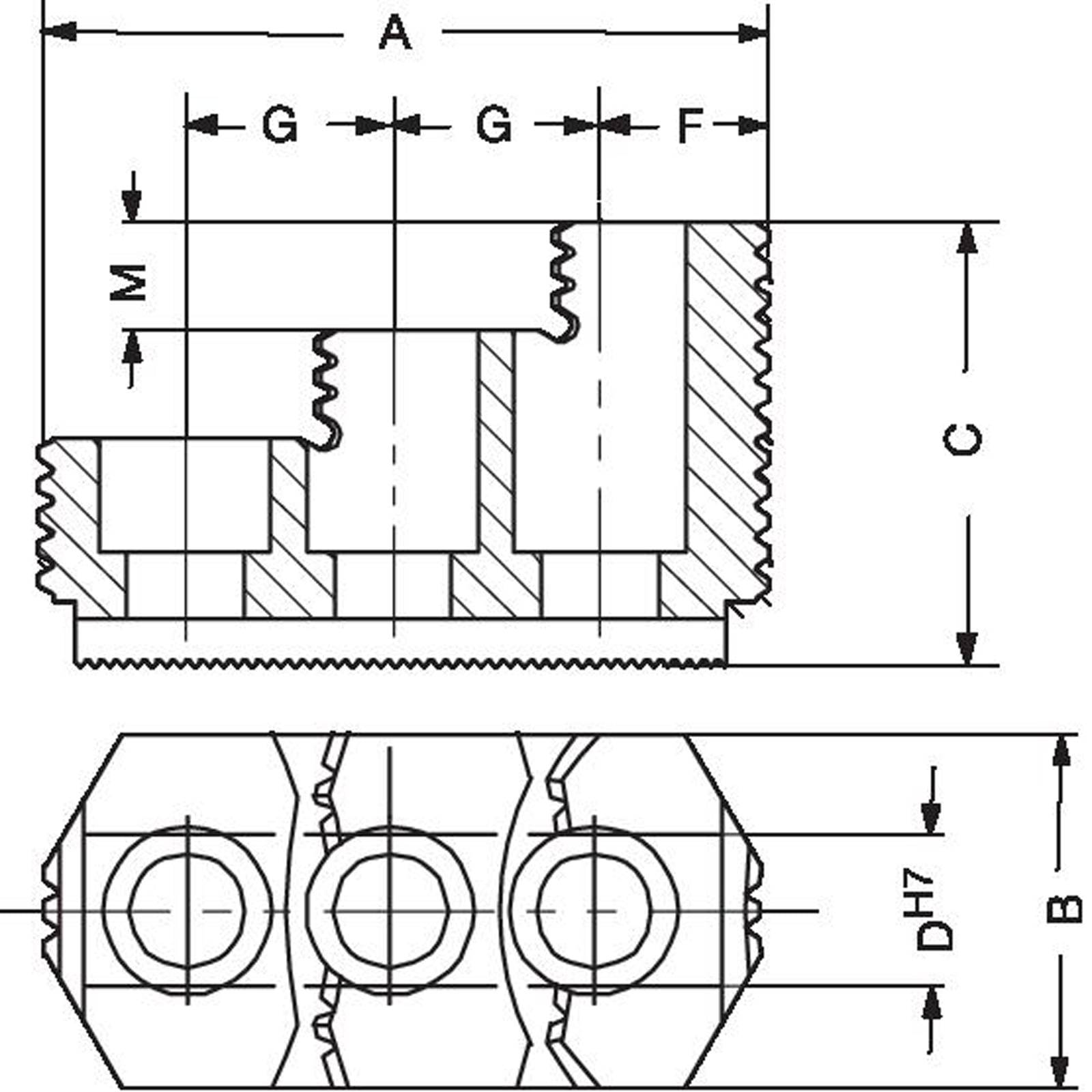 Technische Zeichnung eines mechanischen Bauteils mit detaillierten Abmessungen, einschließlich Durchmessern, Gewinden und Längen, gekennzeichnet mit A bis M.