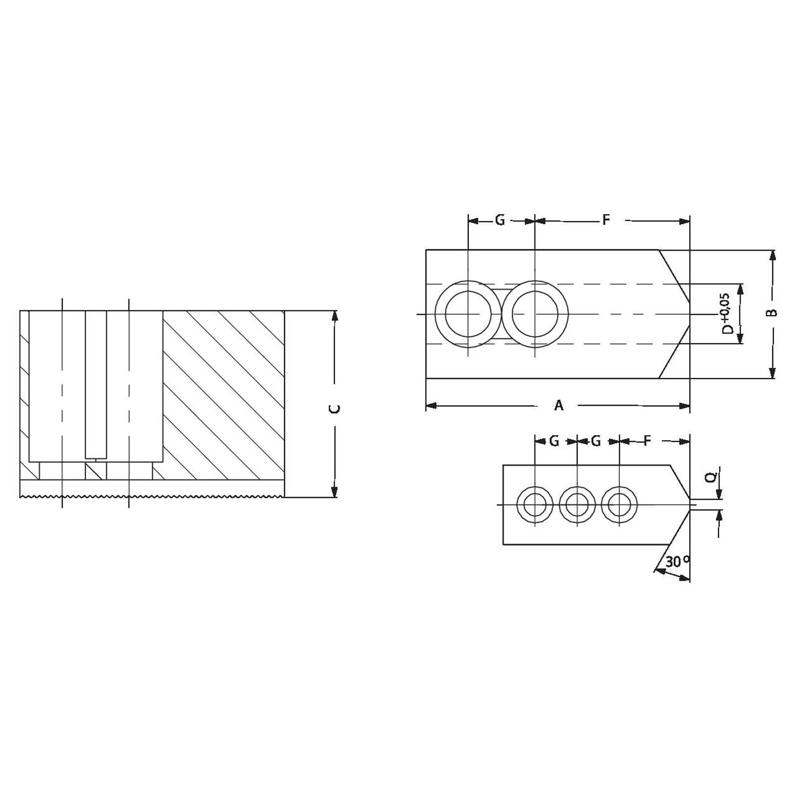 Technische Zeichnung eines Bauteils mit zylindrischen Bohrungen und beschrifteten Abmessungen A, B, C, mit zwei Ansichten, die Seiten- und Endperspektive zeigen.