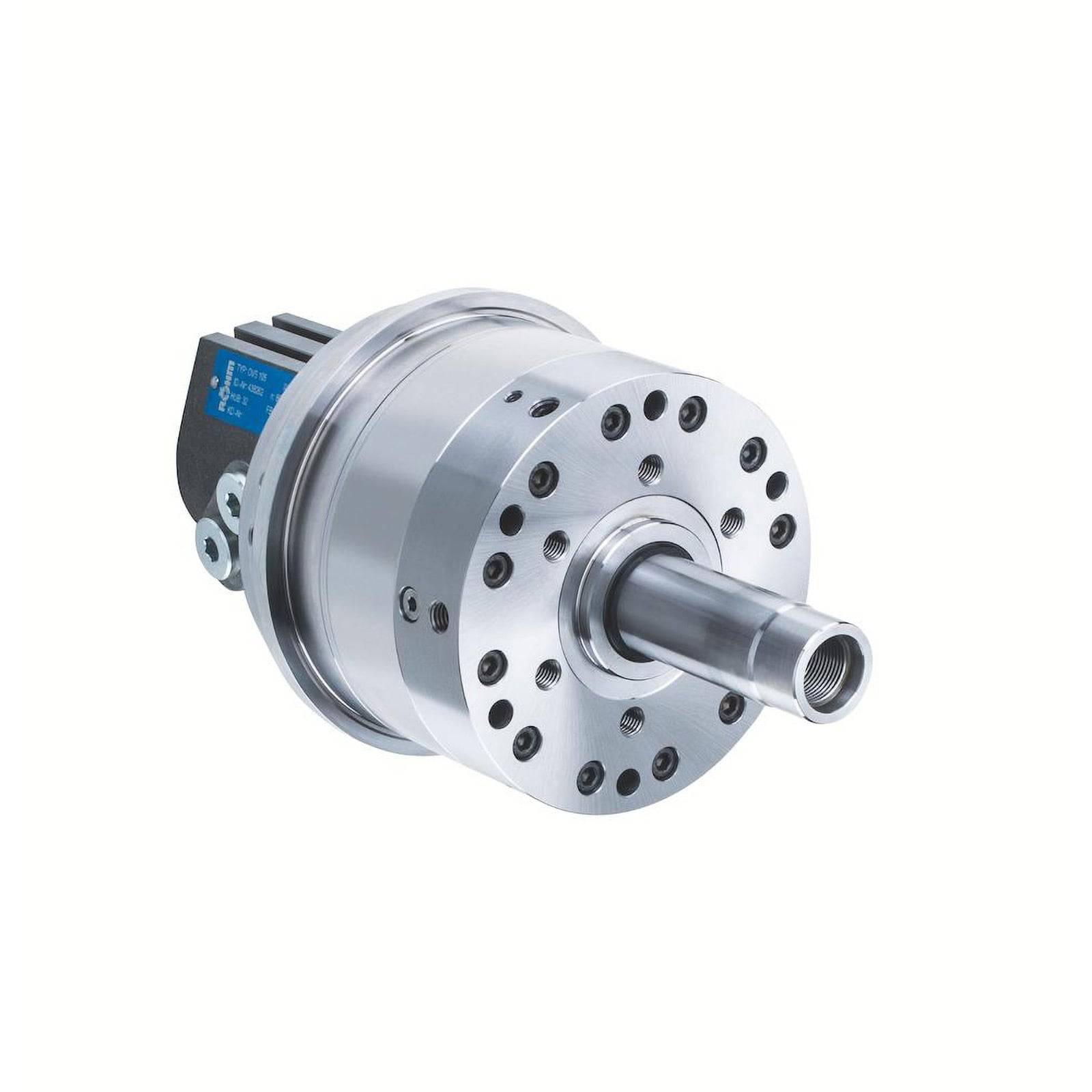 Eine silberne mechanische Komponente mit einer zylindrischen Welle und mehreren Befestigungslöchern, möglicherweise Teil einer Industrie- oder Ingenieurmaschine.