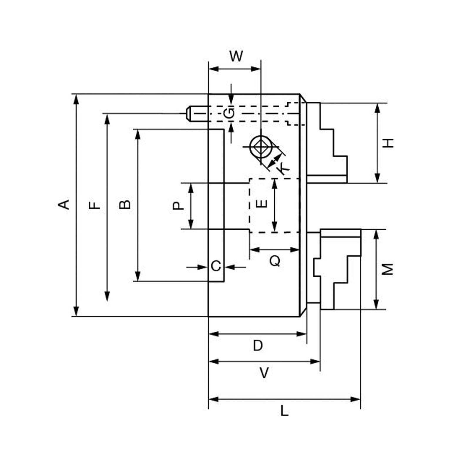Technisches Diagramm, das Abmessungen einer mechanischen Komponente zeigt, die mit den Buchstaben A, B, C, D, F, G, H, L, M, P, Q, V und W gekennzeichnet ist.