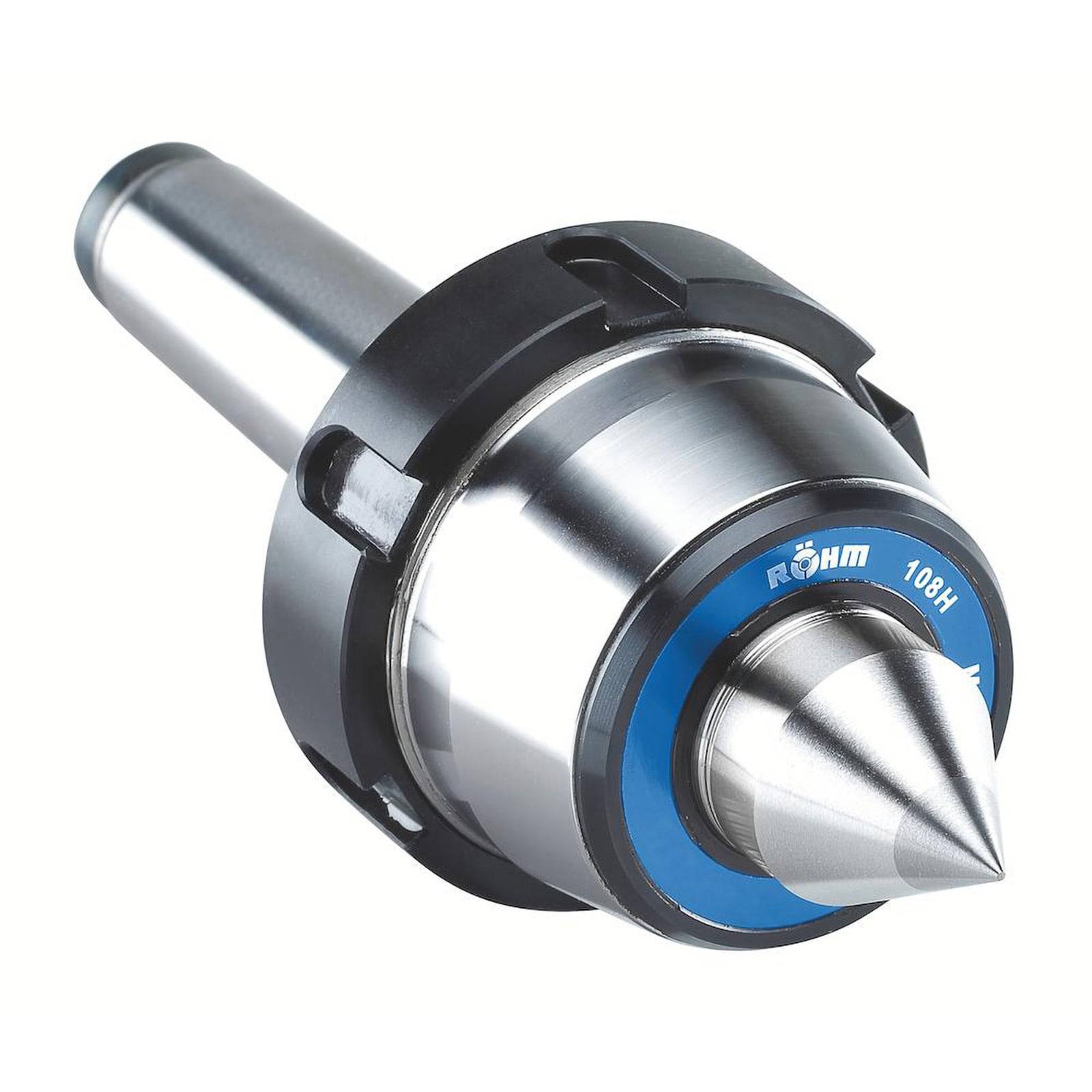 Ein Metalldreh­schleif­zentrum­werk­zeug mit konischer Spitze und zylin­drischem Körper, gekenn­zeichnet mit 'Röhm 108H', das zur Bespan­nung von Werkstücken bei der Bearbeitung verwendet wird.