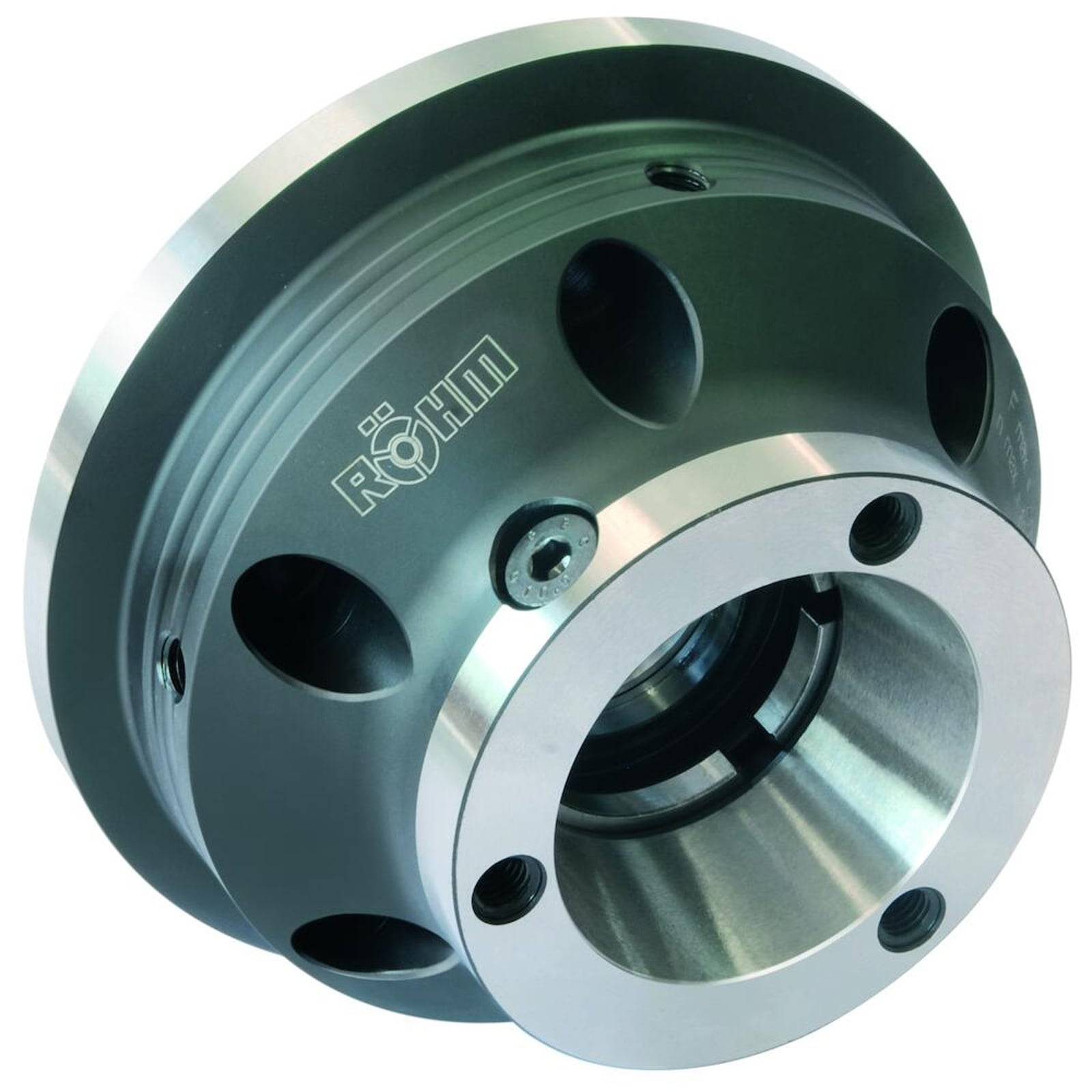Eine metallische mechanische Komponente mit kreisförmigen Nuten und verschiedenen Bohrungen, die in Industriemaschinen für Präzisionsoperationen verwendet wird.