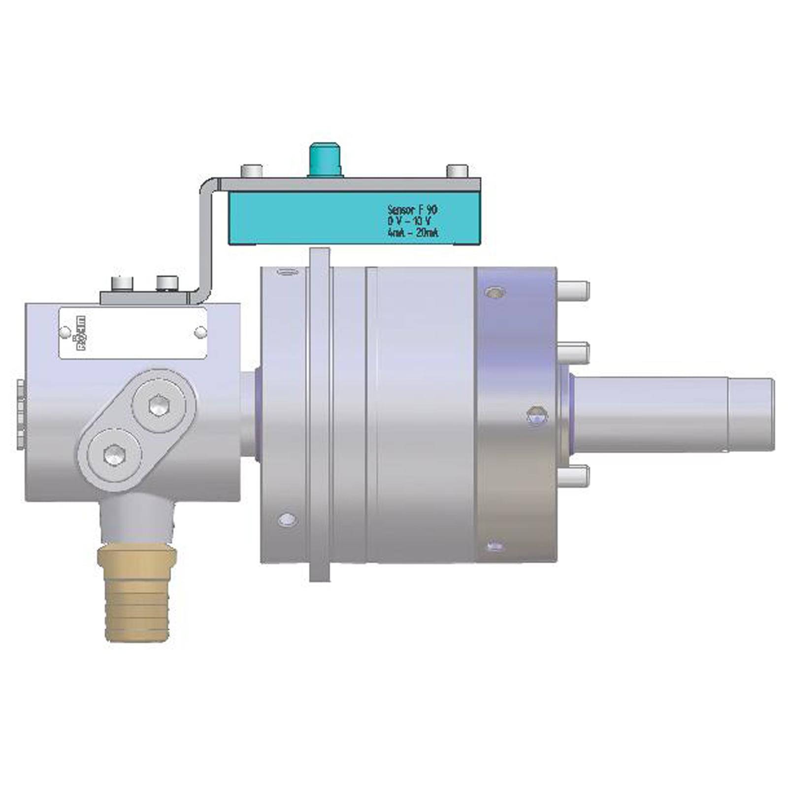 Ein technisches Diagramm, das eine mechanische Vorrichtung mit beschrifteten Teilen zeigt; umfasst einen Sensor, einen zylindrischen Körper und verbundene Komponenten.