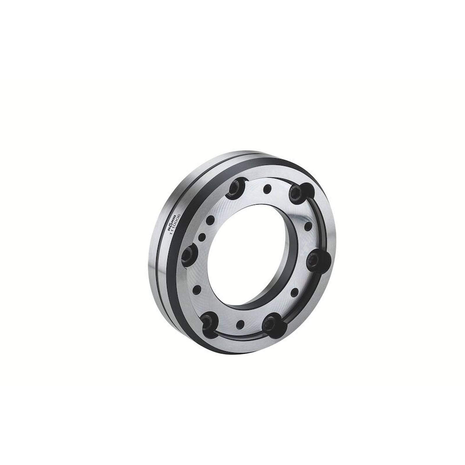 Ein silbernes metallisches mechanisches Lager mit kreisförmigem Design, das mehrere gleichmäßig verteilte schwarze Schraubenköpfe auf seiner Oberfläche aufweist.