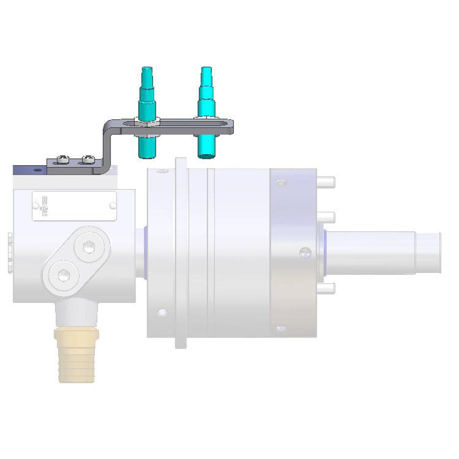 Seitenansicht einer mechanischen Komponente mit zylindrischen Abschnitten und blauen Anschlüssen oben, wahrscheinlich Teil eines hydraulischen oder pneumatischen Systems.