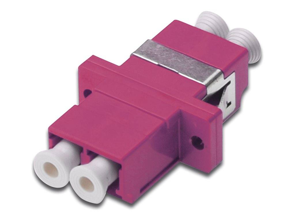 Rosa Glasfaser-LC-Duplex-Steckverbinder-Adapter mit zwei weißen Anschlüssen und einer silbernen Klammer, dargestellt auf weißem Hintergrund.