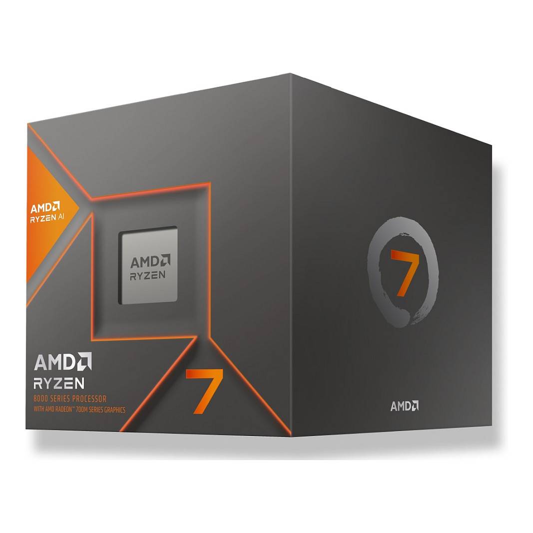 AMD Ryzen 7 5000er-Serie Prozessor-Box mit AMD Ryzen Logo und Branding mit orangem und grauem Design-Thema.