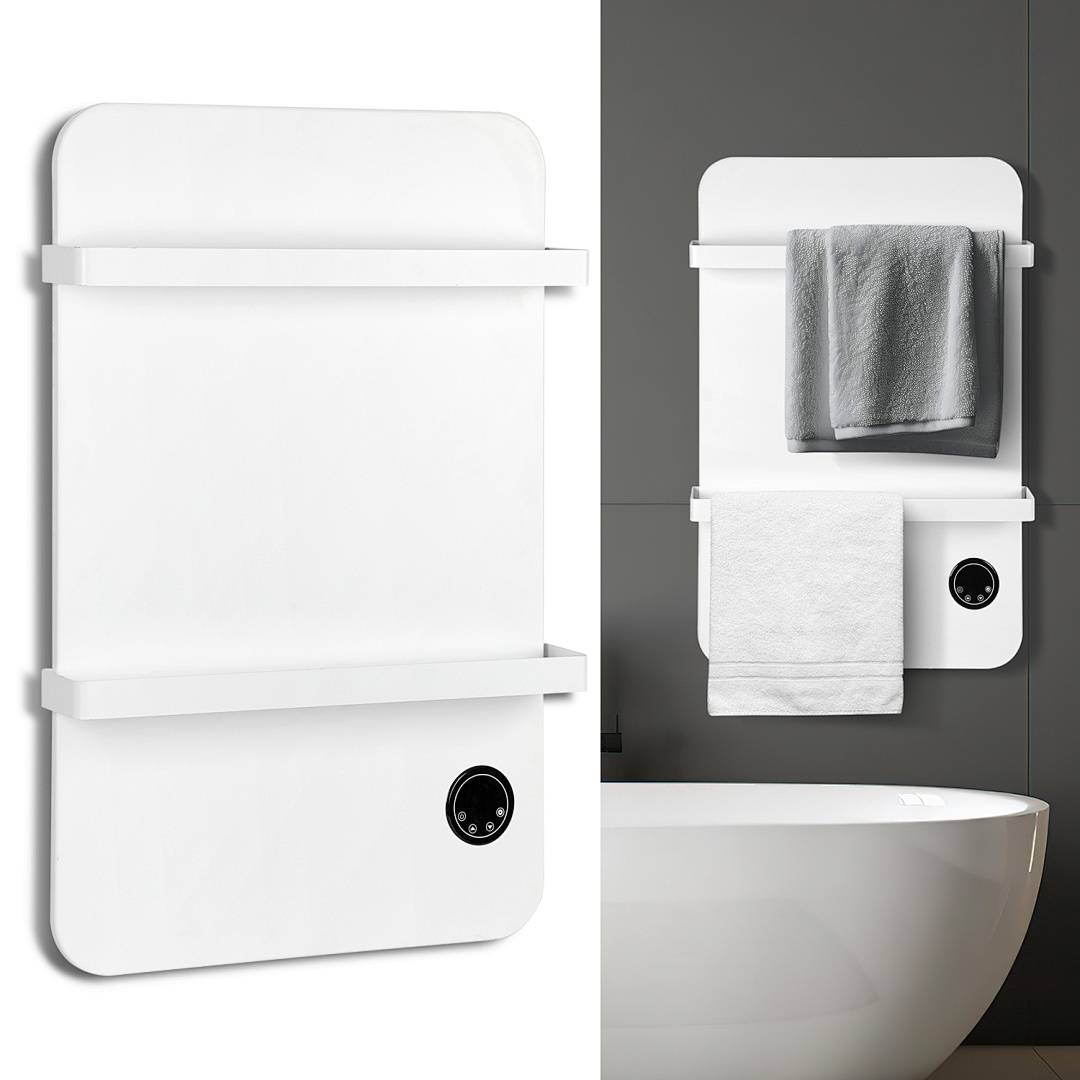 Weißes wandmontiertes Badezimmerregal und Handtuchhalter mit kreisförmiger Steuerung rechts unten, installiert über einer Badewanne mit befestigten Handtüchern.