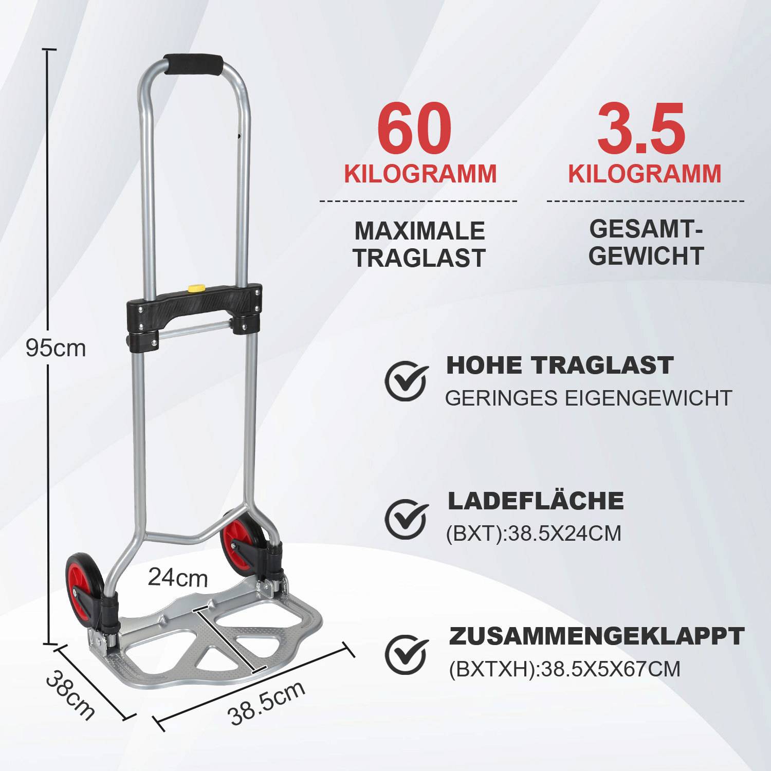 Faltbarer-Sackkarre klappbar 60 kg - Stahl - Kunststoffräder leichtgängig mit Höhenverst Griff (67*95cm)