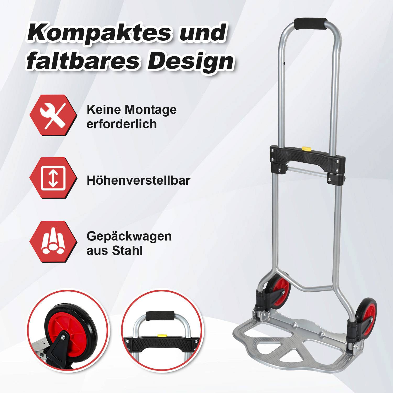 Faltbarer-Sackkarre klappbar 60 kg - Stahl - Kunststoffräder leichtgängig mit Höhenverst Griff (67*95cm)