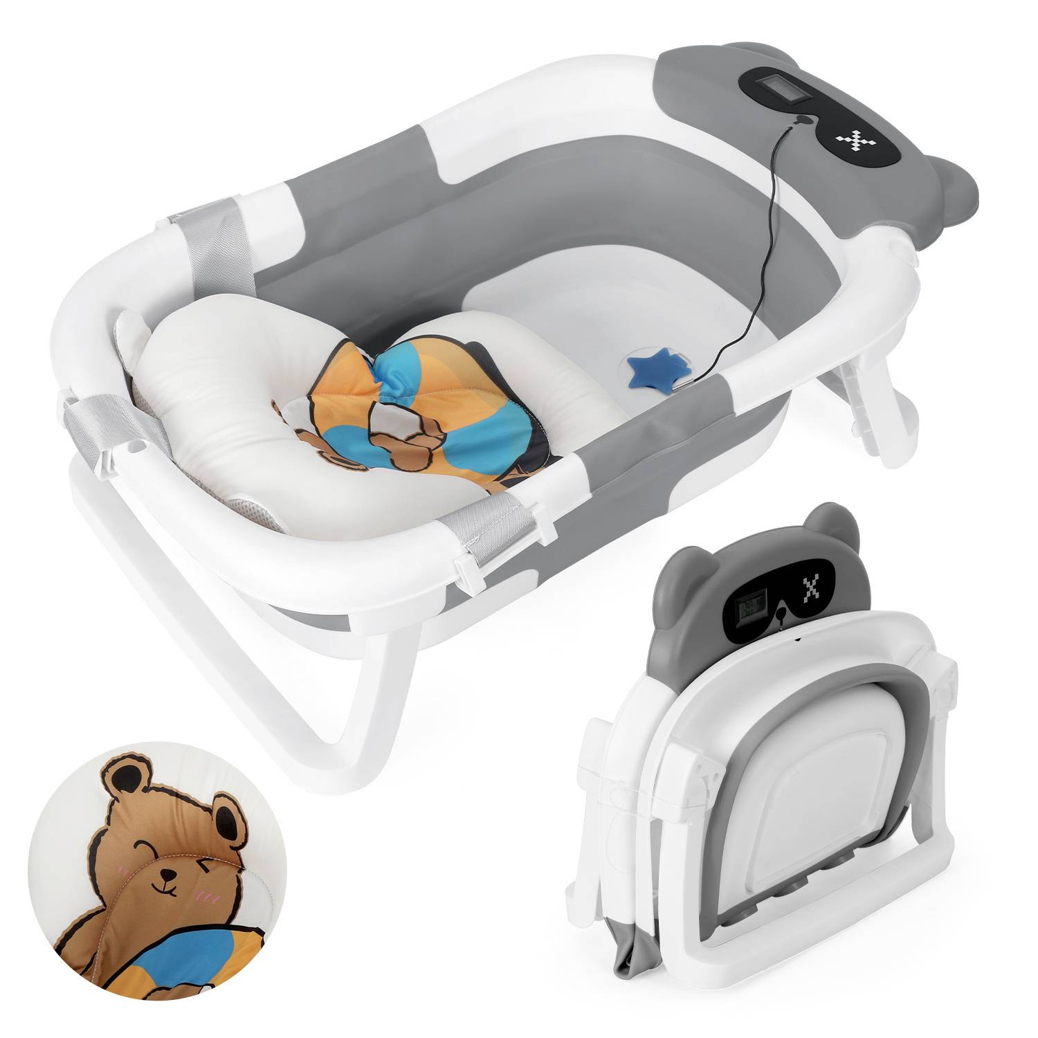 Baby Badewanne Faltbare Babybadewanne mit Gestell und Badematte Rutschfeste Tragbare Babywanne für Neugeborene Kinder (Grau)