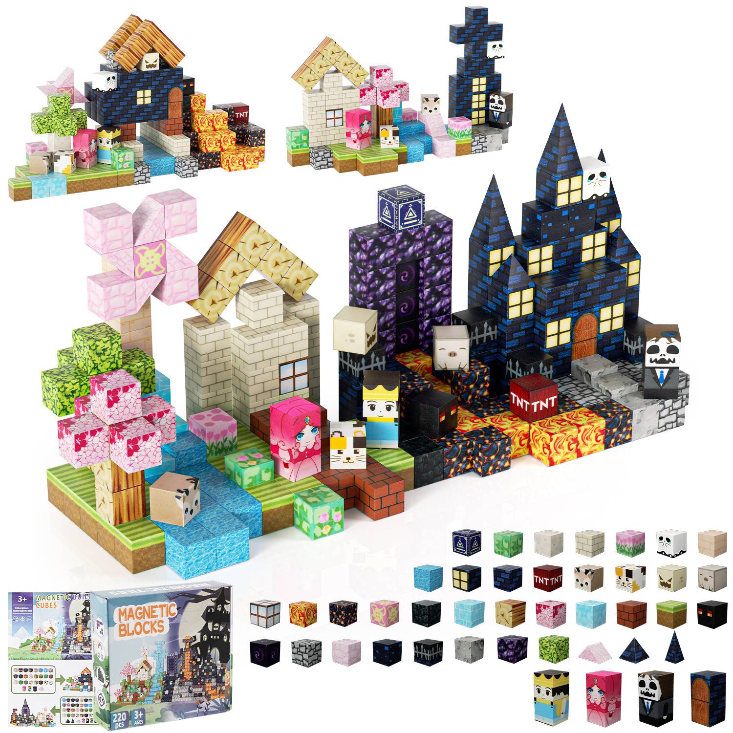 Magnetische Bausteine 220 Teile Magnetic Tiles Konstruktionsspielzeug Kreatives Lernspielzeug mit Starken Magneten