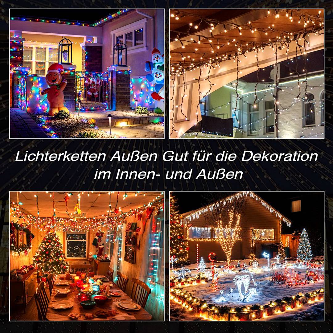 # Vier festliche Szenen zeigen Lichterketten, die eine Veranda, Decke, Esszimmer und die Außenseite eines Hauses dekorieren, mit deutschem Text, der die Innen- und Außennutzung bewirbt.