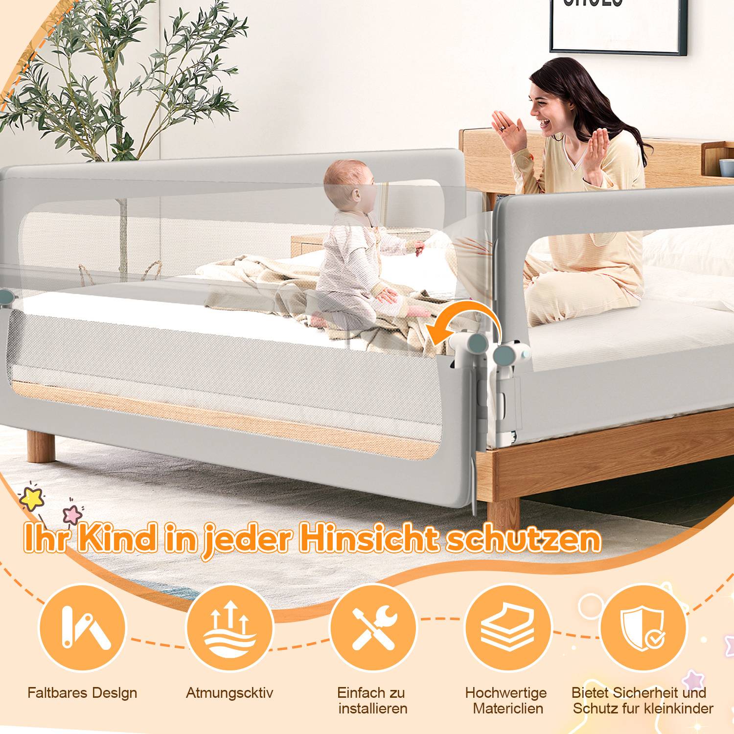 3x Kinder Bettschutzgitter Bettgitter Kinderbettgitter Babybettgitter Klappbar Höhenverstellbar Rausfallschutz für Familienbett und Kinderbett (2x18