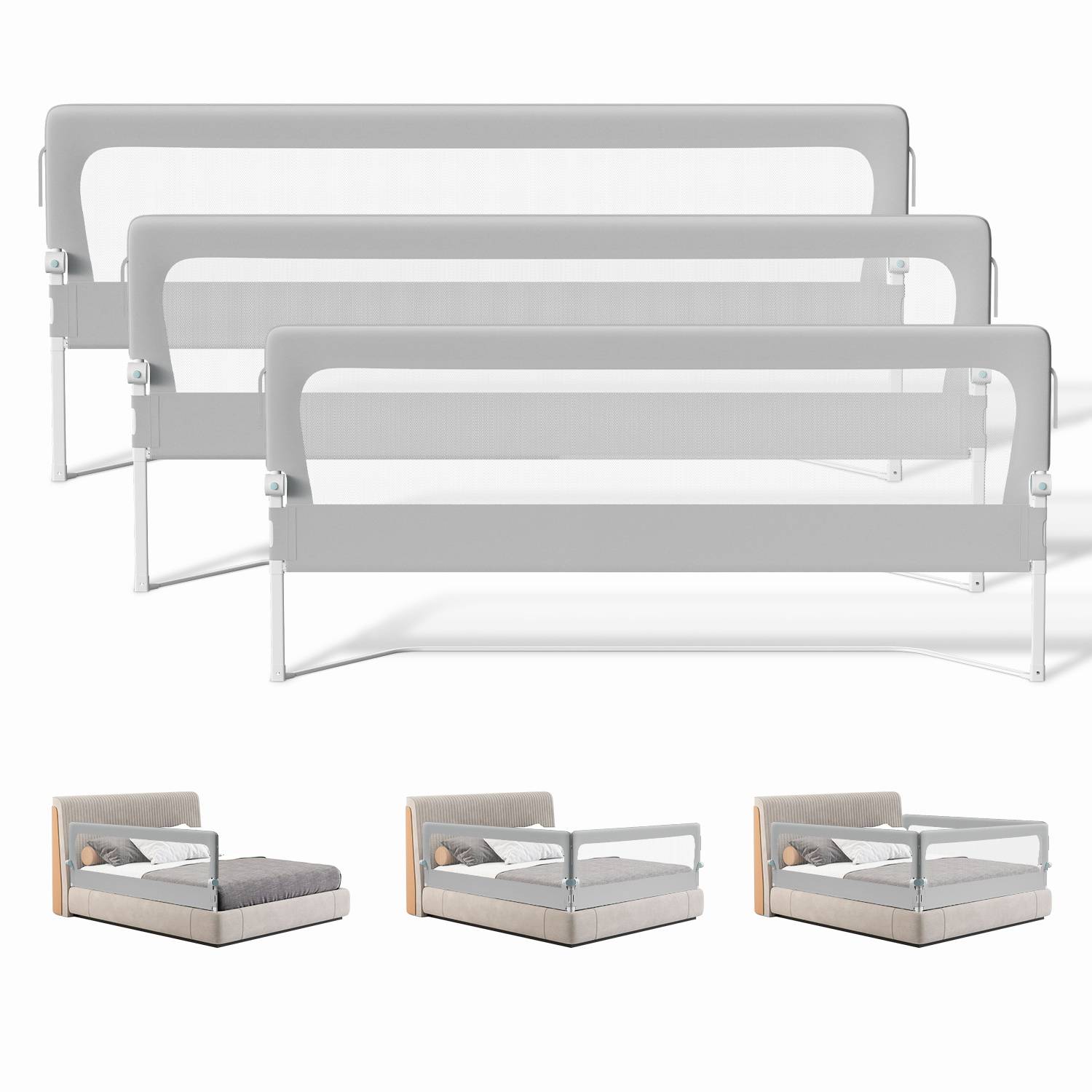 3x Kinder Bettschutzgitter Bettgitter Kinderbettgitter Babybettgitter Klappbar Höhenverstellbar Rausfallschutz für Familienbett und Kinderbett (2x2