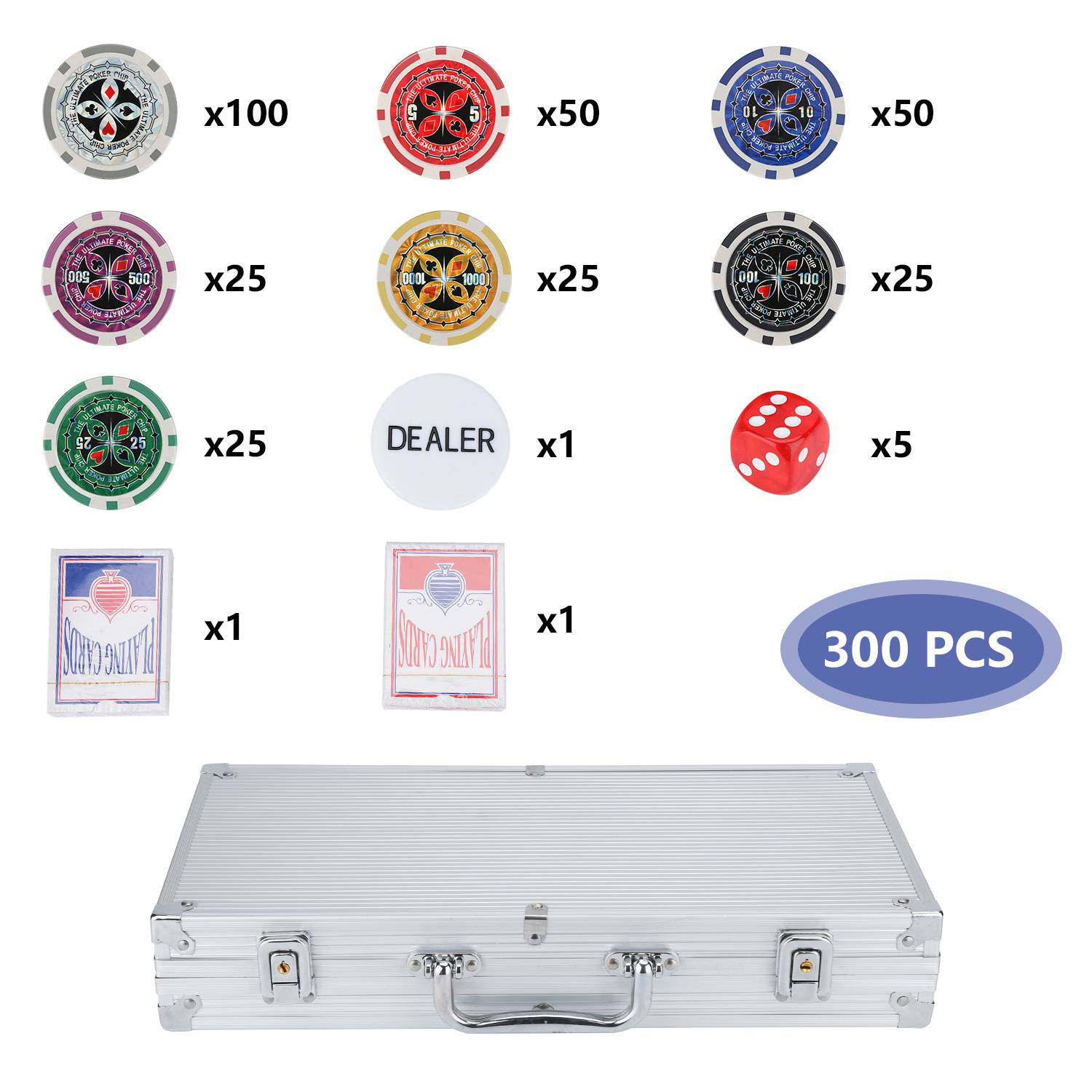300 Pokerchips Spiel Pokerset Pokerkoffer Set mit Schloss – 11,5g Profi Jetons, abschließbarer Alu-Koffer Silber