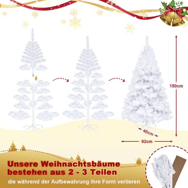 150cm Künstlicher Weihnachtsbaum Tannenbaum mit 488 Spitzen PVC Nadeln Metallständer & Klappsystem Christbaum weiß