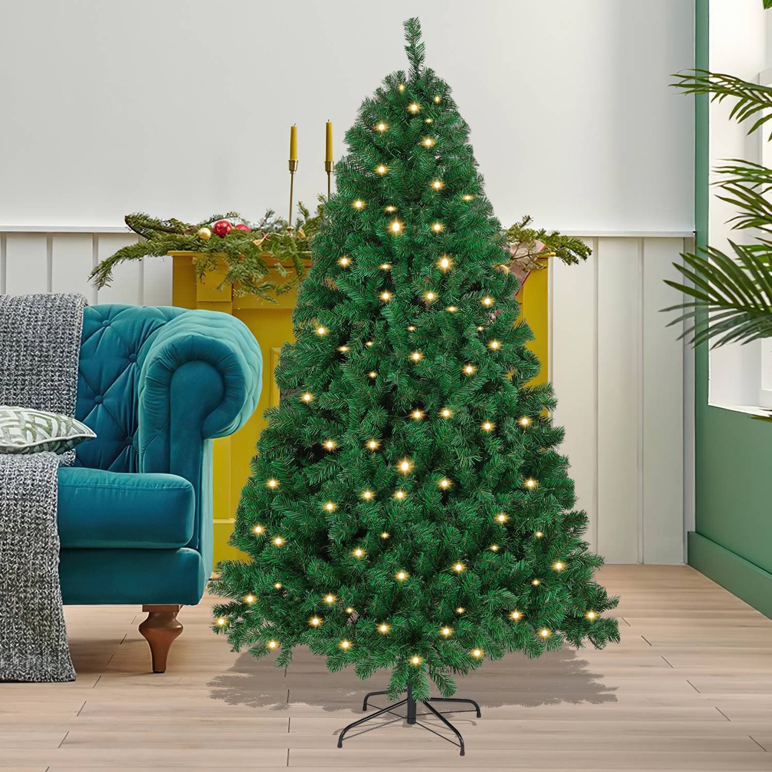 120cm Künstlicher Weihnachtsbaum inkl. 340 Spitzen PVC Nadeln, 150 warmweiße LED-Leuchten & Metallständer, Tannenbaum, Christbaum