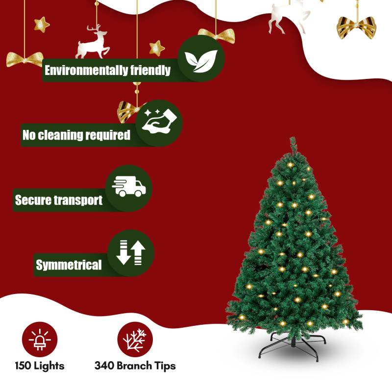 120cm Künstlicher Weihnachtsbaum inkl. 340 Spitzen PVC Nadeln, 150 warmweiße LED-Leuchten & Metallständer, Tannenbaum, Christbaum