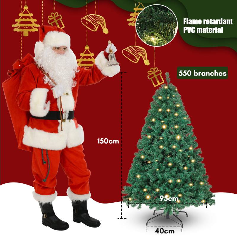 150cm Künstlicher Weihnachtsbaum inkl. 550 Spitzen PVC Nadeln, 200 warmweiße LED-Leuchten & Metallständer, Tannenbaum, Christbaum