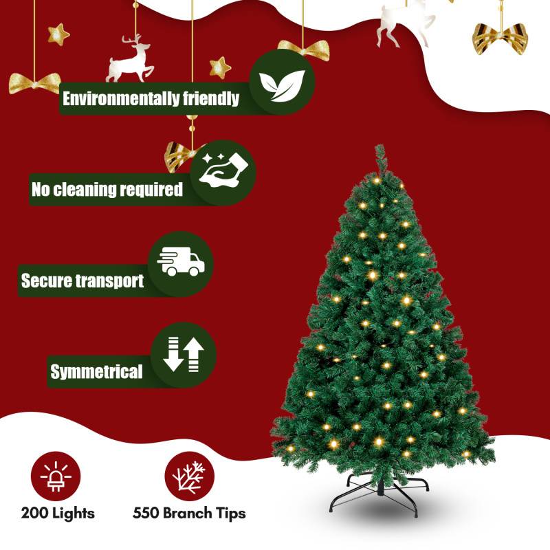 150cm Künstlicher Weihnachtsbaum inkl. 550 Spitzen PVC Nadeln, 200 warmweiße LED-Leuchten & Metallständer, Tannenbaum, Christbaum