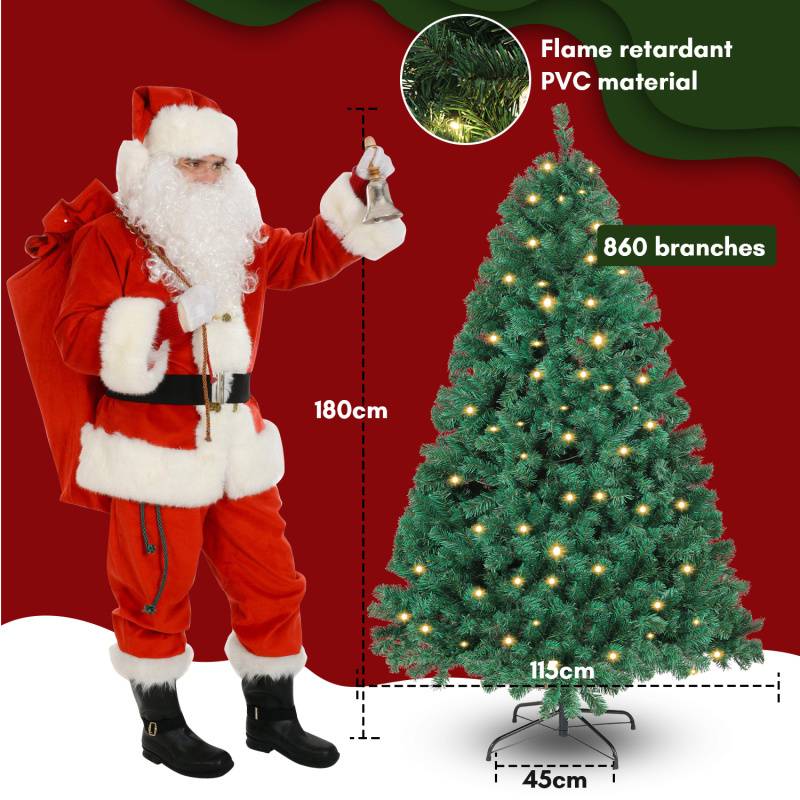 180cm Künstlicher Weihnachtsbaum inkl. 860 Spitzen PVC Nadeln, 250 warmweiße LED-Leuchten & Metallständer, Tannenbaum, Christbaum