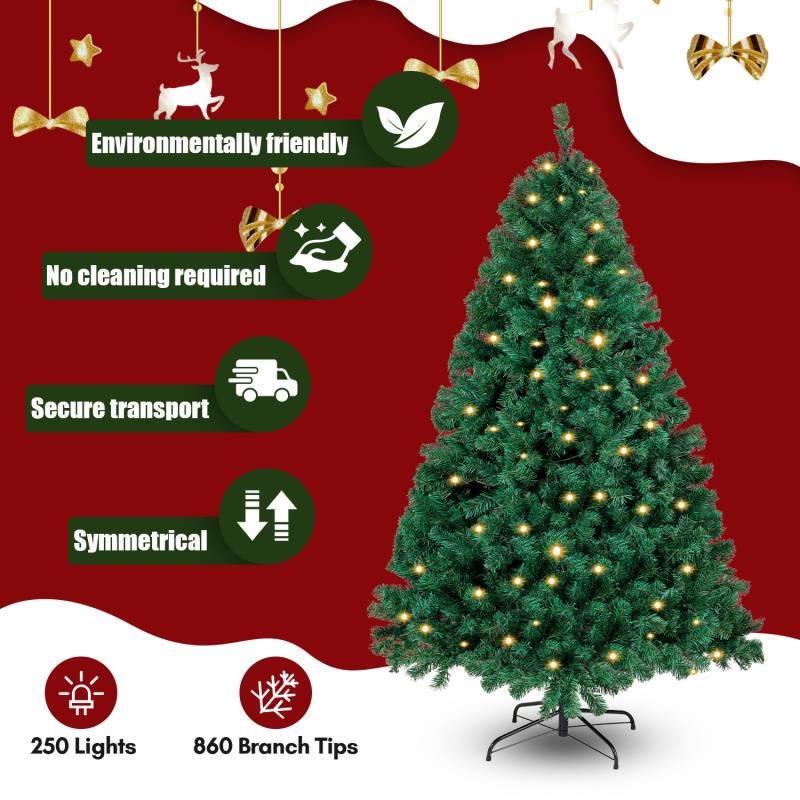 180cm Künstlicher Weihnachtsbaum inkl. 860 Spitzen PVC Nadeln, 250 warmweiße LED-Leuchten & Metallständer, Tannenbaum, Christbaum
