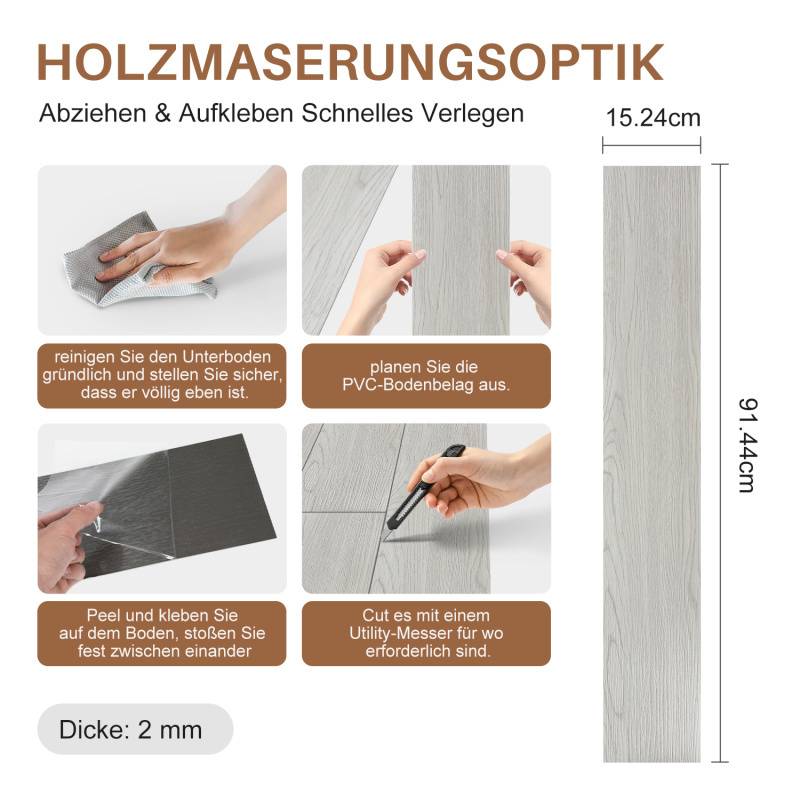 2,5m² Vinylboden Vinyl Laminat Selbstklebend Dielen Planke PVC Bodenbelag Rutschfest Wasserfest 18 Stück Vinyl-Dielen Holzmaserung Dielen Dicke 2 mm
