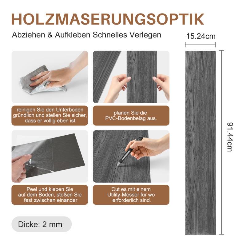 2,5m² Vinylboden Vinyl Laminat Selbstklebend Dielen Planke PVC Bodenbelag Rutschfest Wasserfest 18 Stück Vinyl-Dielen Holzmaserung Dielen Dicke 2 mm