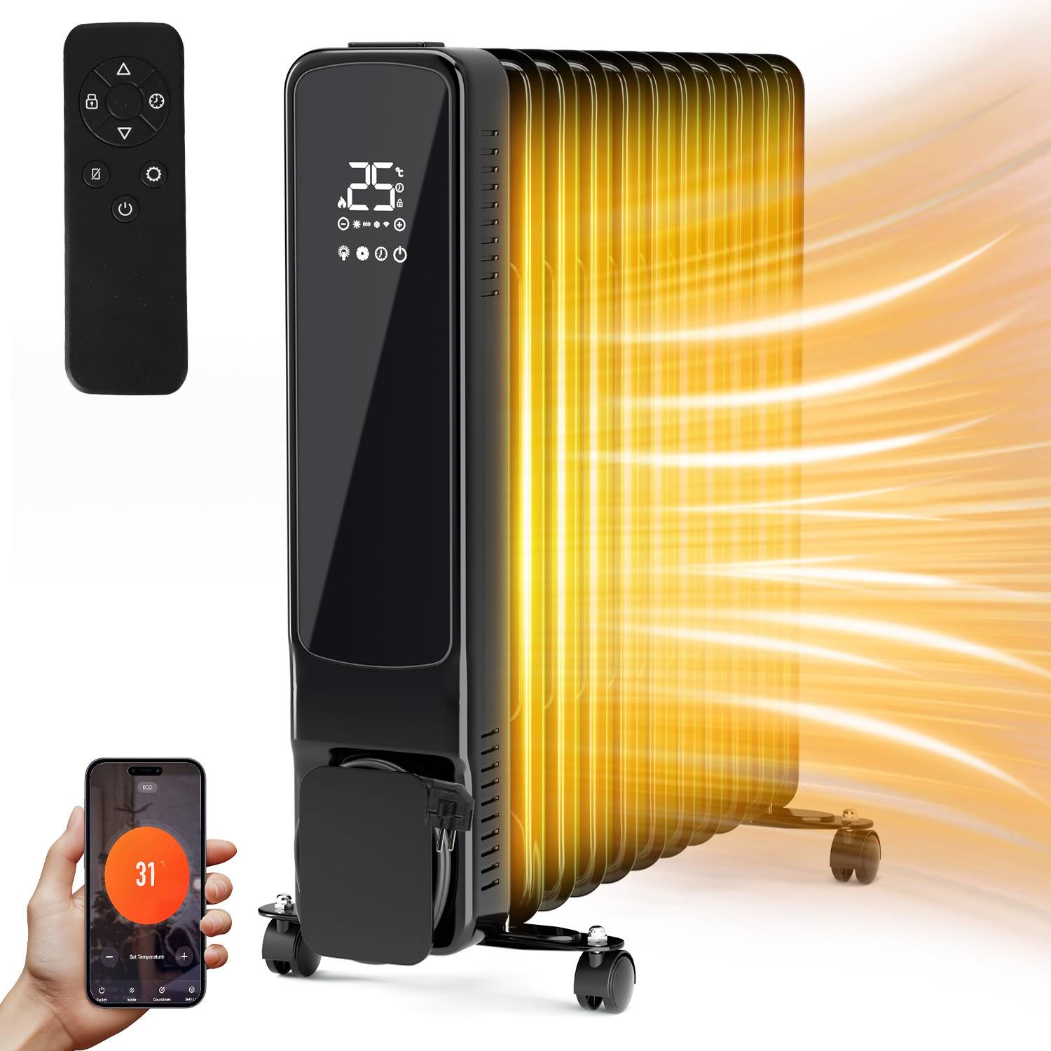 Ölradiator 2500W 11 Rippen mit LCD-Display Touchscreen WiFi App & Fernbedienung Mobil Öl Radiator 24h Timer Heizung Thermostat & Überhitzungsschutz