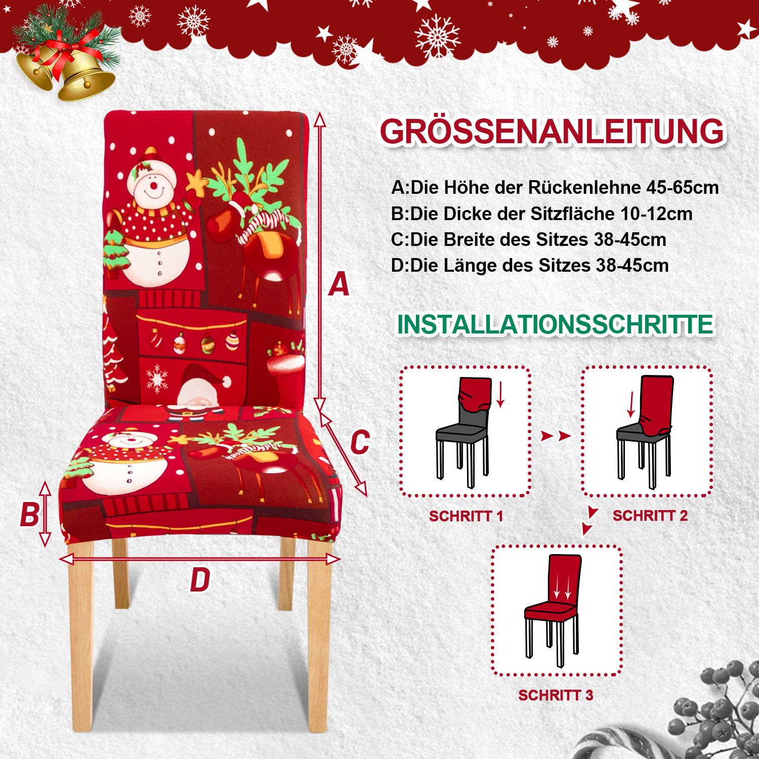 Stuhlhussen Weihnachten 8er Set, Stretch, Schneemann und Rentier, Rot