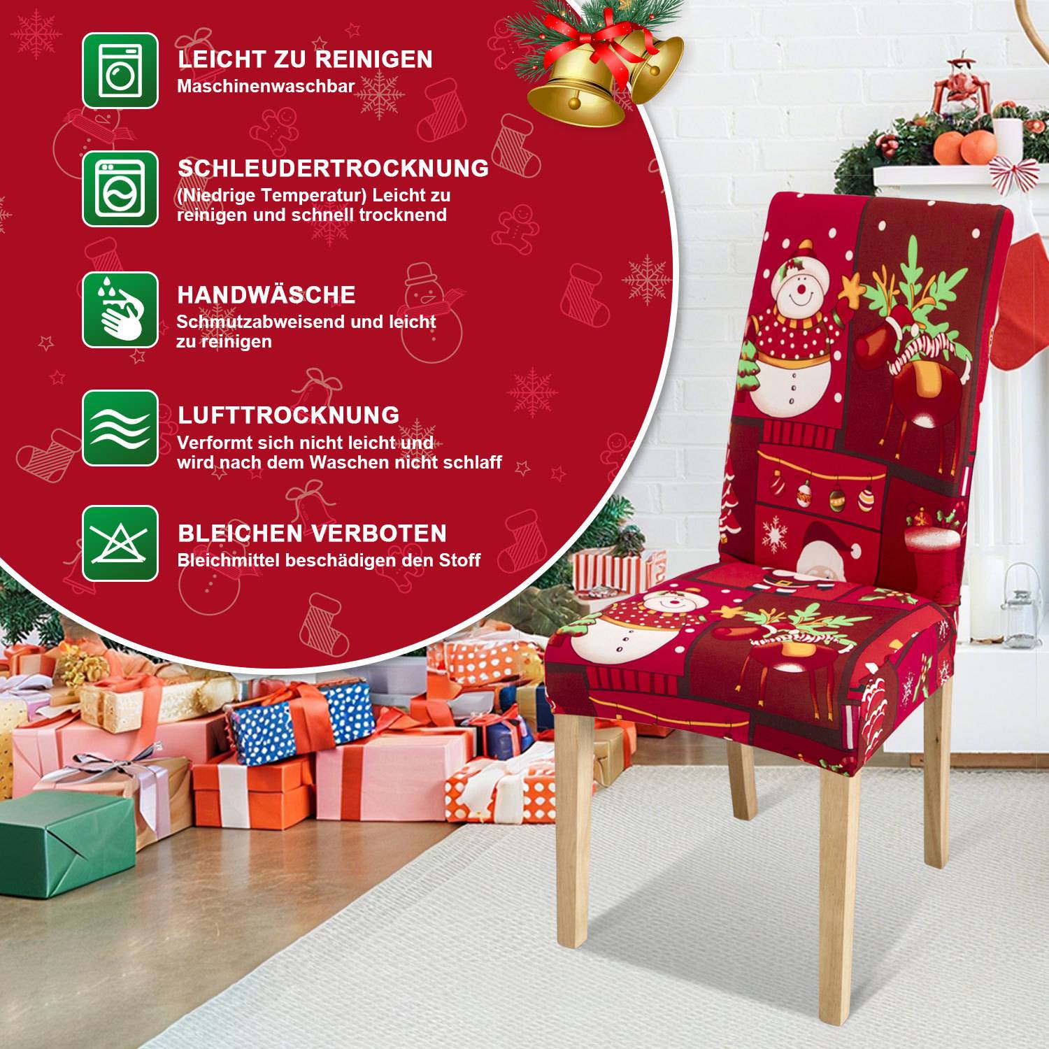Festlicher roter weihnachtlicher Stuhlüberzug mit Pflegeanleitung in Deutsch; waschbar, schnelltrocknend, nur Handwäsche, kein Bleichen.