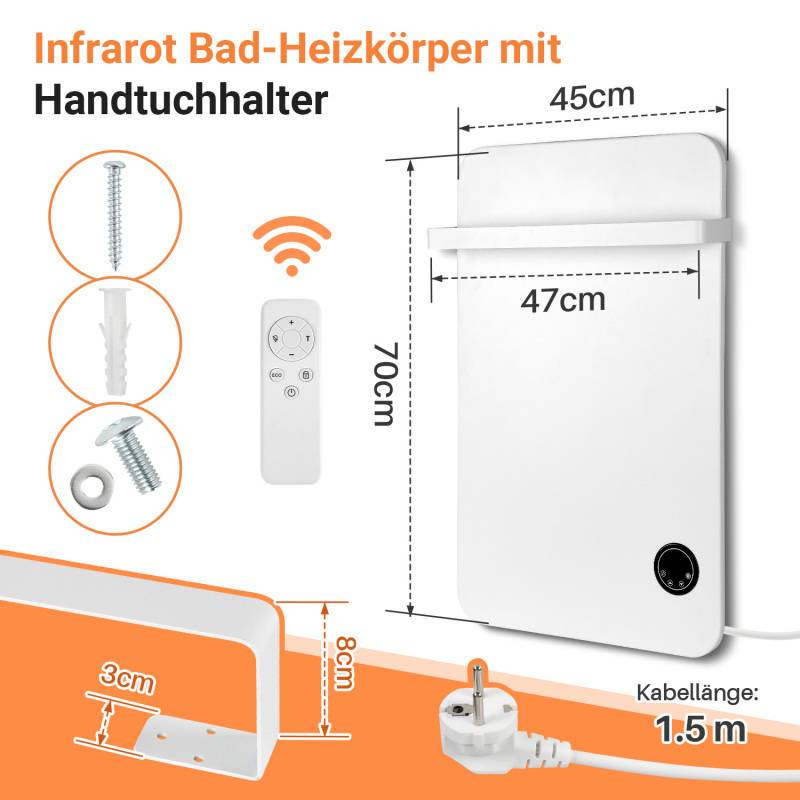 Handtuchtrockner Infrarotheizung 400W - Fernbedienung WiFi Smart App fähig, inkl. für Schlafzimmer, Wohnzimmer, Badezimmer usw.