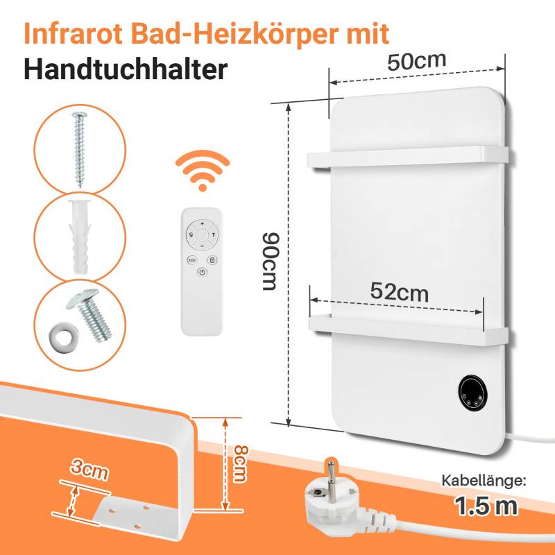 Handtuchtrockner Infrarotheizung 600W - Fernbedienung WiFi Smart App fähig, inkl. für Schlafzimmer, Wohnzimmer, Badezimmer usw.