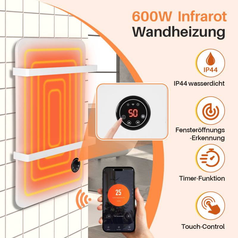 Handtuchtrockner Infrarotheizung 600W - Fernbedienung WiFi Smart App fähig, inkl. für Schlafzimmer, Wohnzimmer, Badezimmer usw.