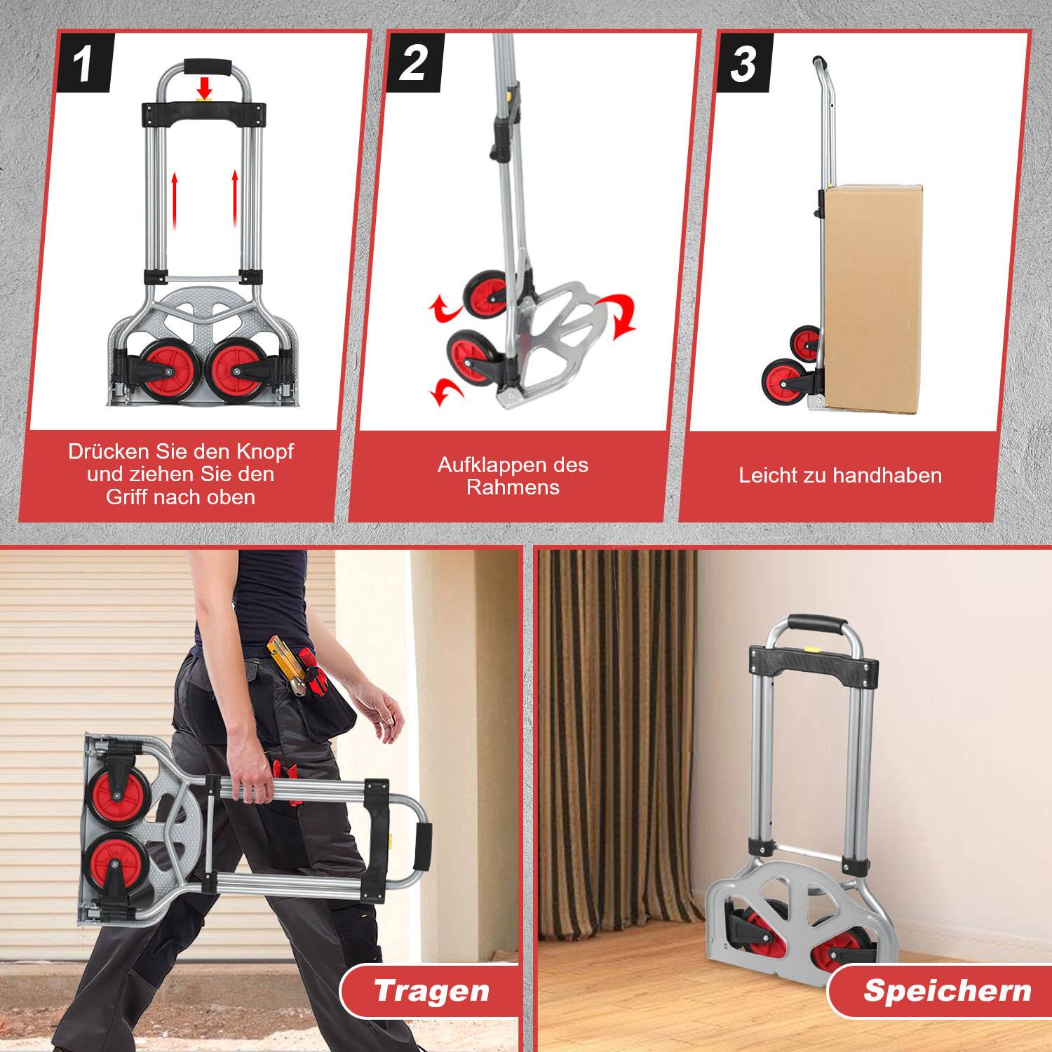 Sackkarre klappbare Transportkarre Handkarre Rucksack Trolley Gepäckwagen mit Höhenverstellbarer Griff belastbar bis 60 kg